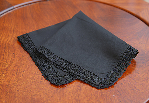 Classic Lace Handkerchief in Black. 12" square.